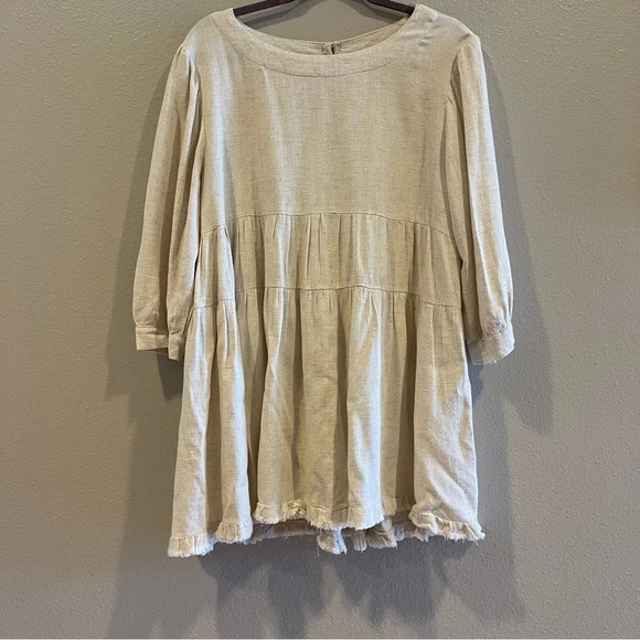 Umgee Tops - Umgee Women's Linen Blend Tiered Keyhole Back Babydoll Tunic Top Oatmeal Size S